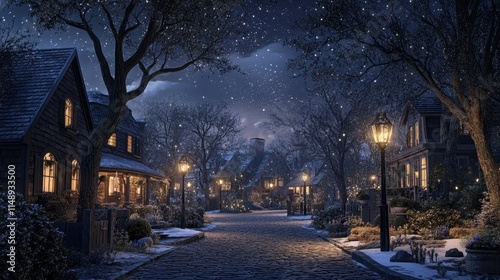 Peaceful Winter Night in a Charming Snowy Neighborhood with Snowflakes Falling Gently Over Cozy Houses and Street Lamps Glowing Softly in the Moonlight