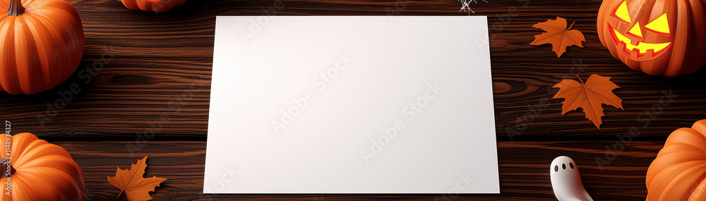 Obraz premium blank white paper sheet surrounded by pumpkins, leaves, and spooky decorations creates festive Halloween atmosphere