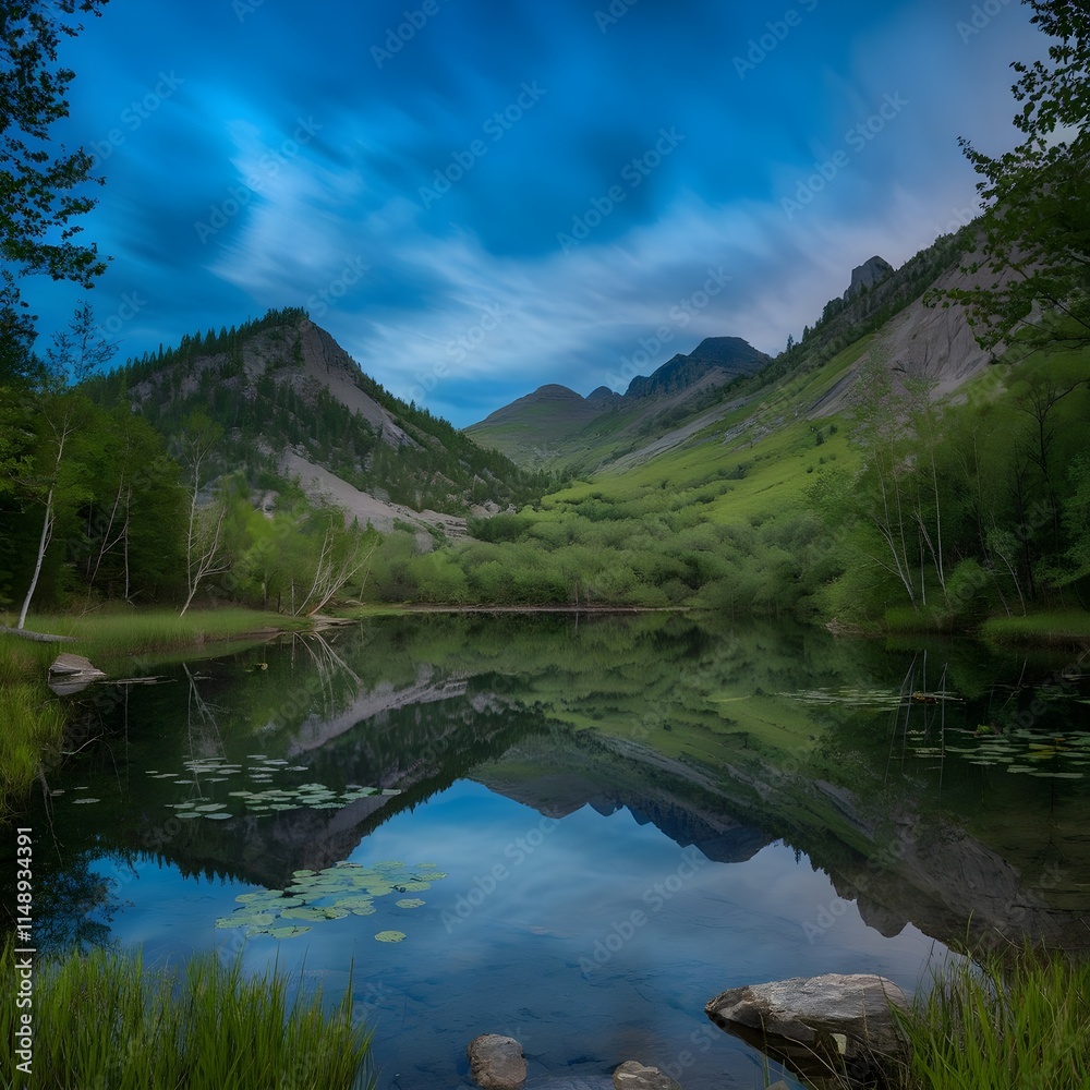 A photo of a serene landscape with a calm lake reflecting the surrounding mountains and trees. The sky is a deep blue with a few clouds. The mountains are covered with lush greenery. A photo of a serene landscape with a calm lake reflecting the surrounding mountains and trees. The sky is a deep blue with a few clouds. The mountains are covered with lush greenery.