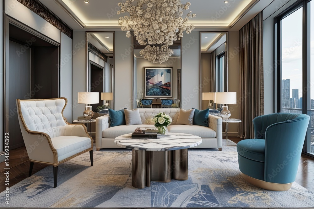 Fototapeta premium Luxury Urban Penthouse Living Room 3D Rendering with Designer Chair and Marble Coffee Table