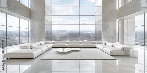 A spacious and modern living room featuring an expansive floor-to-ceiling window with a panoramic view of a cityscape, showcasing minimalist interior design elements