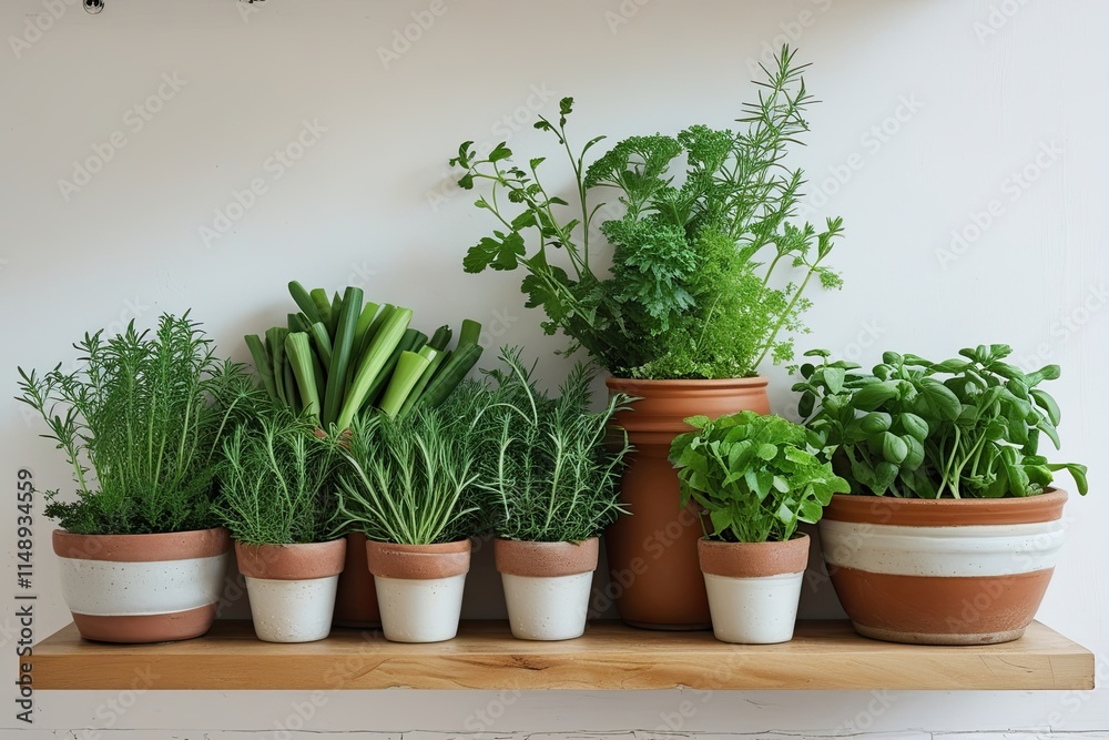 Potted Herb Display on Kitchen Shelf with White Wall Background Potted Herb Display on Kitchen Shelf with White Wall Background