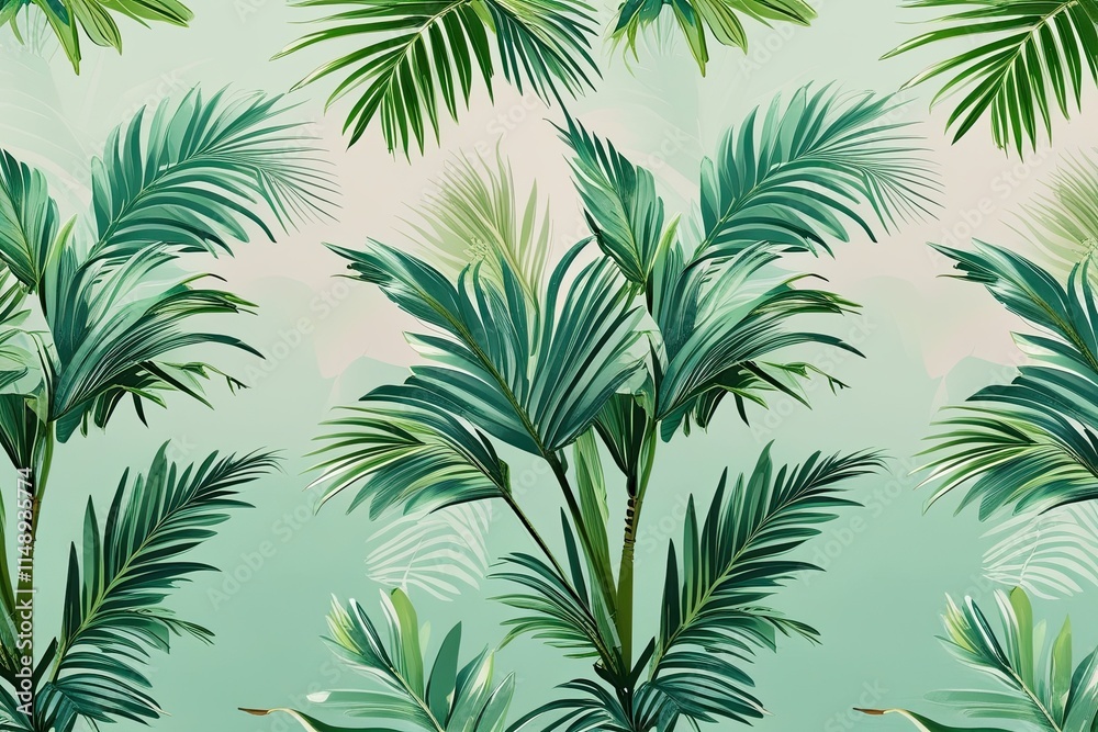 Refreshing Soft Mint Green Palm Leaves Textile Design Pattern