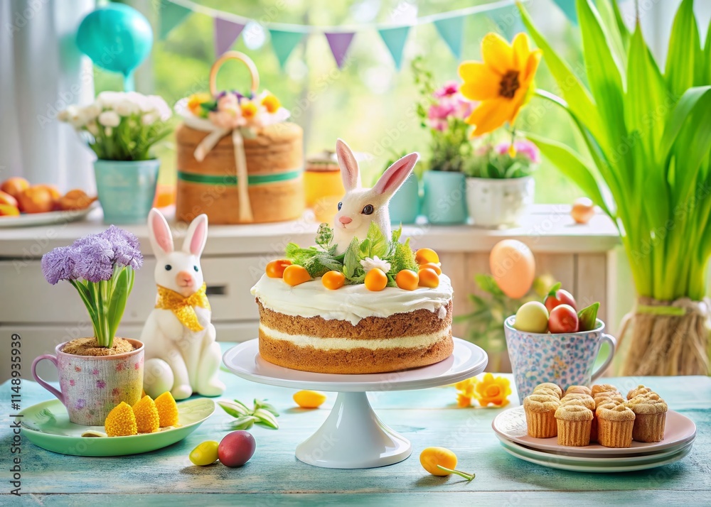 Obraz premium Delicious Easter Carrot Cake with Bunny Decorations on Festive Spring Table
