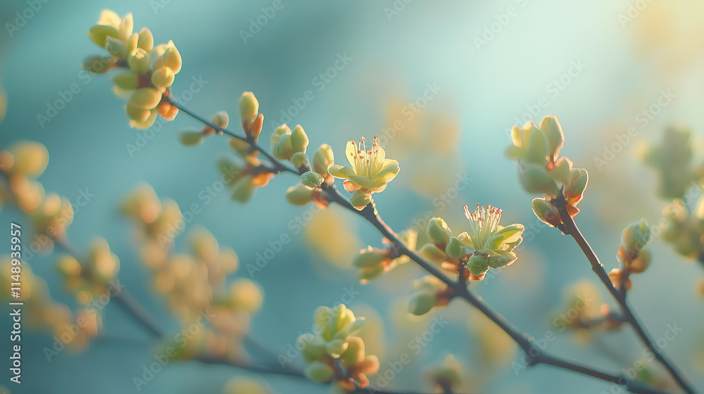 custom made wallpaper toronto digitalDelicate yellow flowers bloom on slender branches against a serene blue sky, capturing the essence of spring and the beauty of nature's renewal. Generative AI