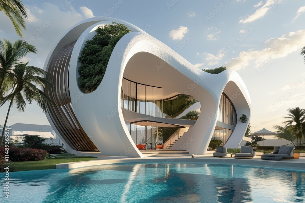 Naklejka premium Stunning 3D Curved Architecture with Elegant Design and Open Atmosphere