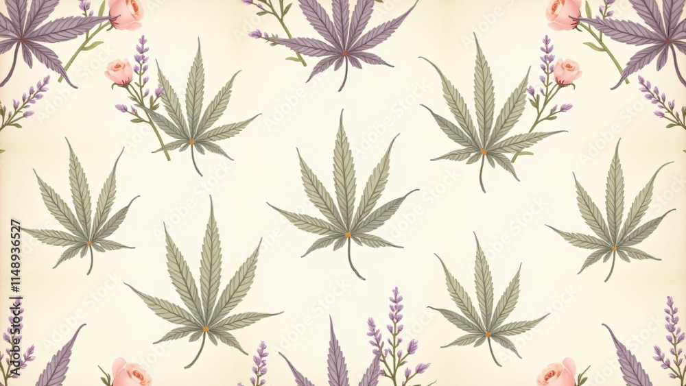 Fototapeta premium Cannabis floral pattern featuring roses, daisies, and lavender in pastel hues on a parchment-textured background. A bohemian, vintage-inspired artistic design