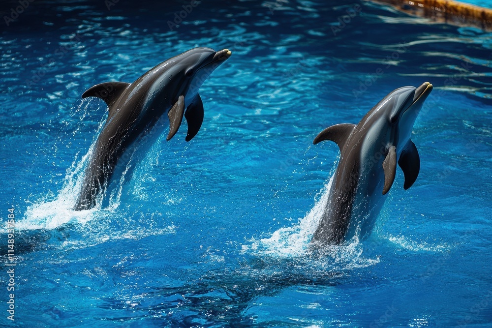 Fototapeta premium Pair of leaping dolphins in azure waves