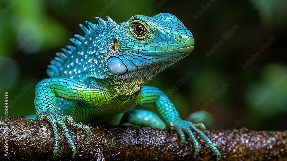 Fototapeta premium A blue-green lizard on a tree branch with a blurred forest backdrop