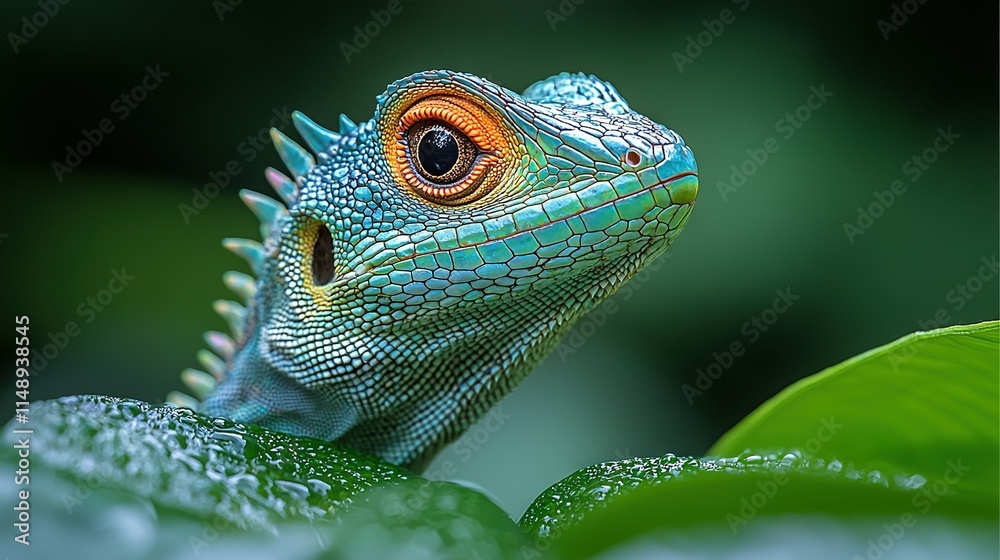 Obraz premium A macro shot of a lizard's face on a leaf with water droplets on its surface