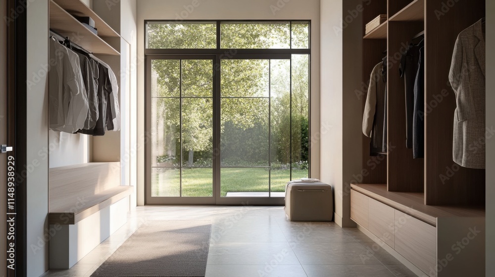 Fototapeta premium Modern minimalist mudroom with clean, functional design. Featuring neutral tones and sleek storage solutions