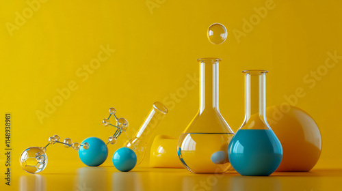 Colorful chemistry lab with glass beakers and molecules on yellow background