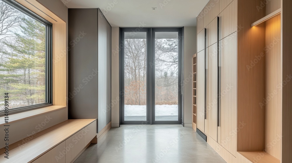 Modern minimalist mudroom with clean, functional design. Featuring neutral tones and sleek storage solutions Modern minimalist mudroom with clean, functional design. Featuring neutral tones and sleek storage solutions