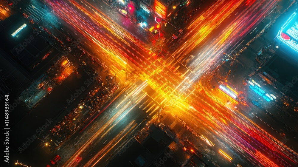 A Stunning Aerial View of a Busy City Intersection at Night Captured with Blurred Motion Lights Creating a Dynamic and Energetic Urban Landscape A Stunning Aerial View of a Busy City Intersection at Night Captured with Blurred Motion Lights Creating a Dynamic and Energetic Urban Landscape