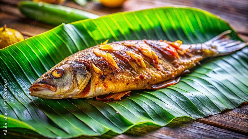 Delicious Grilled Fish on Banana Leaf with Bokeh Background - Stock Photo Delicious Grilled Fish on Banana Leaf with Bokeh Background - Stock Photo