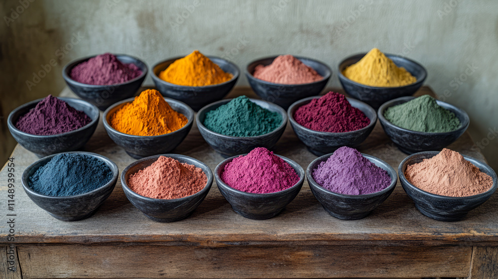 Vibrant natural pigments in ceramic bowls on wooden table Vibrant natural pigments in ceramic bowls on wooden table
