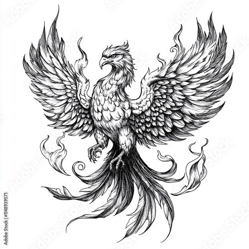 Mythical Phoenix with Detailed Flames - Sketch Engraving Illustration on a White Background