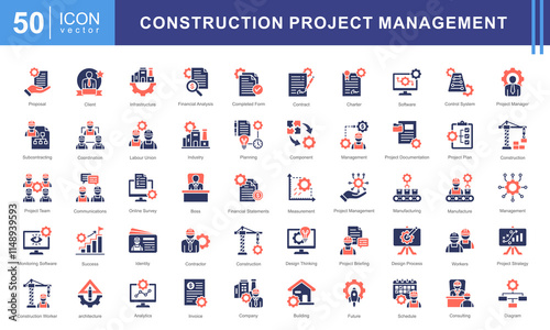 Project construction management icon collection set. Containing subcontractor, design, success, boss, financial analysis, image industry, architecture icon. Simple vectors illustration.