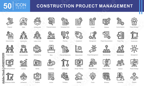 Project construction management icon collection set. Containing subcontractor, design, success, boss, financial analysis, image industry, architecture icon. Simple vectors illustration.