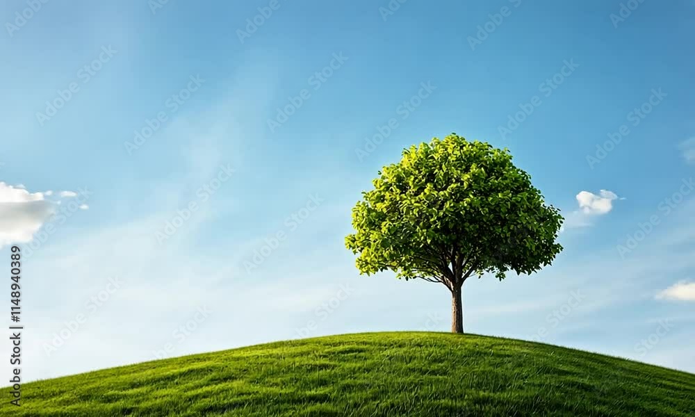 Lush Green Hill with Solitary Tree Under a Bright Blue Sky Lush Green Hill with Solitary Tree Under a Bright Blue Sky
