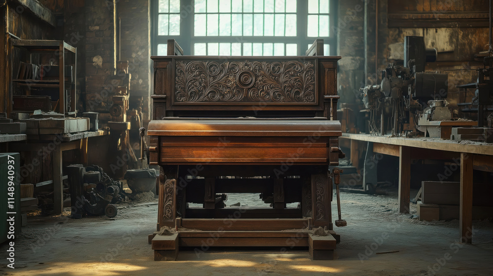 Abandoned workshop interior displays antique printing press. Sunlight illuminates intricate wooden carvings on press. Dusty workshop floor, machinery add to feeling of abandonment, time. Industrial