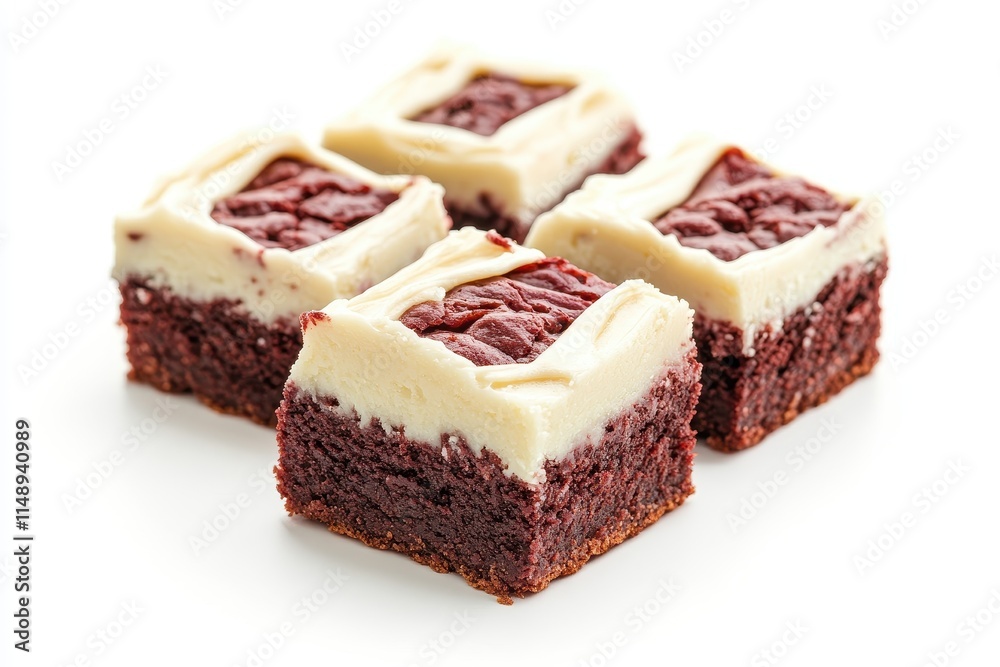 Red velvet brownies with cream cheese frosting on a white backdrop Red velvet brownies with cream cheese frosting on a white backdrop