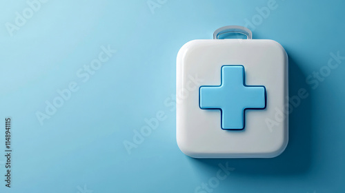 White first aid kit with blue cross on light blue background