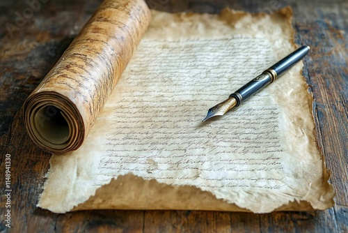 Vintage Scroll with Fountain Pen on Wooden Table, Romantic Love Letter Writing, Old Paper Texture, Valentine Historical Writing Concept