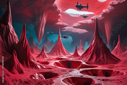 Vibrant Imagery of an Unusual Vermilion Landscape with Complex Pits and Peaks Explored by Low-Flying Airships
