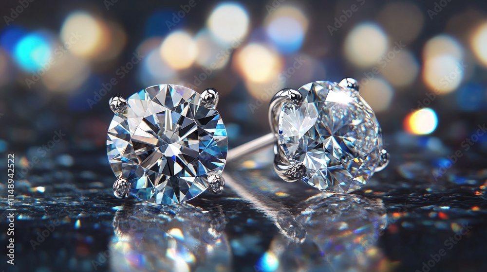 Stunning Close-Up of Sparkling Round Cut Diamonds Against a Blurred Colorful Background, Showcasing the Beauty and Brilliance of Precious Jewelry Stunning Close-Up of Sparkling Round Cut Diamonds Against a Blurred Colorful Background, Showcasing the Beauty and Brilliance of Precious Jewelry