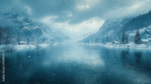   A vast lake encompassed by snowcapped peaks and an evergreen woodland on either side