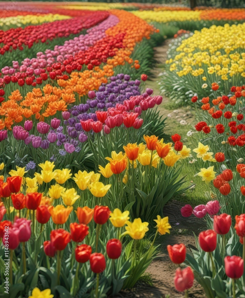 Vibrant tulips and daffodils in a colorful meadow, natural, spring flowers, daffodils