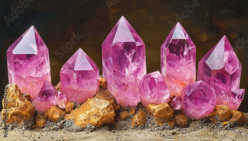 Pink Quartz Crystals Clustered on Golden Rocks