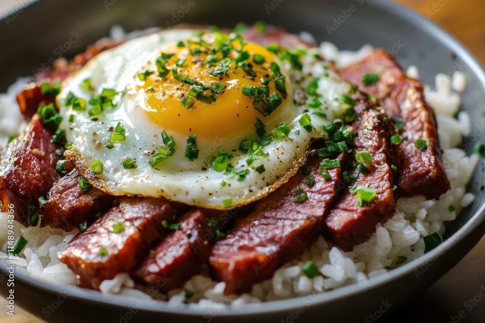 Scrumptious breakfast of corned beef and egg served over rice Scrumptious breakfast of corned beef and egg served over rice