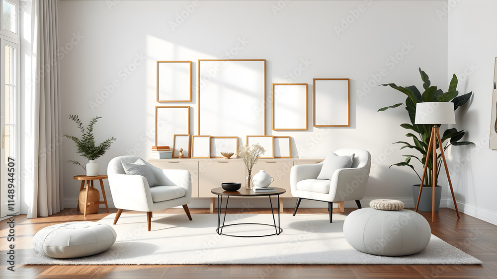Fototapeta premium Minimalist composition of elegant living room space with white boucle armchair, photos mock up frames, carpet, coffee table, lamp, decoration and personal accessories. Copy space. Generative AI