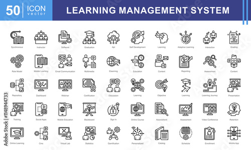 Learning management System icon collection set. Containing blended, virtual classroom, courseware, gamification, assessment, synchronous, course catalog icon. Simple vectors illustration.