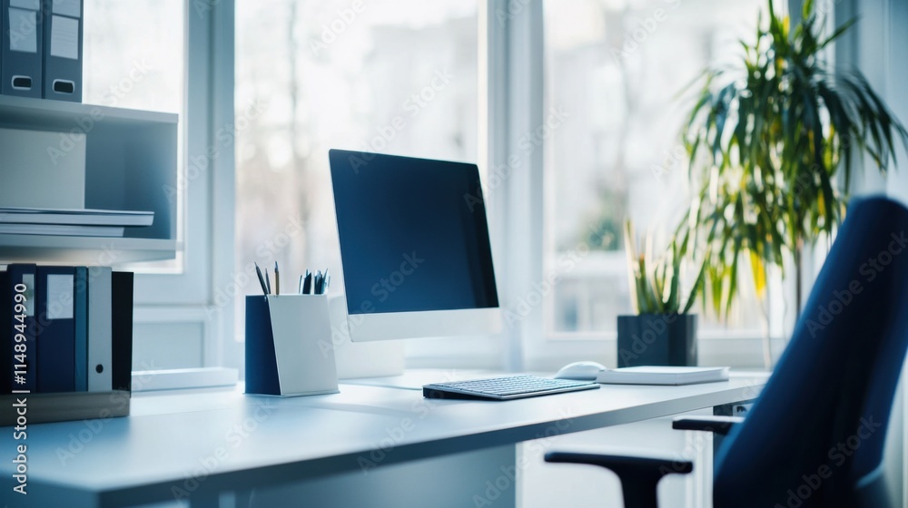 Modern minimalist office with white and deep blue accents. Featuring a clean, bright design with minimal decoration Modern minimalist office with white and deep blue accents. Featuring a clean, bright design with minimal decoration