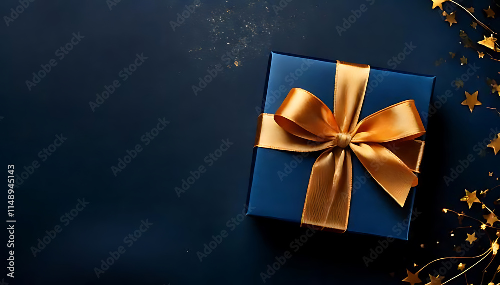 Dark blue gift box with gold ribbon on dark background. Festive concept for Birthday, holida Dark blue gift box with gold ribbon on dark background. Festive concept for Birthday, holida