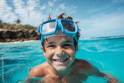 Portrait of happy boy in swimming goggles at beach during summer vacation photo