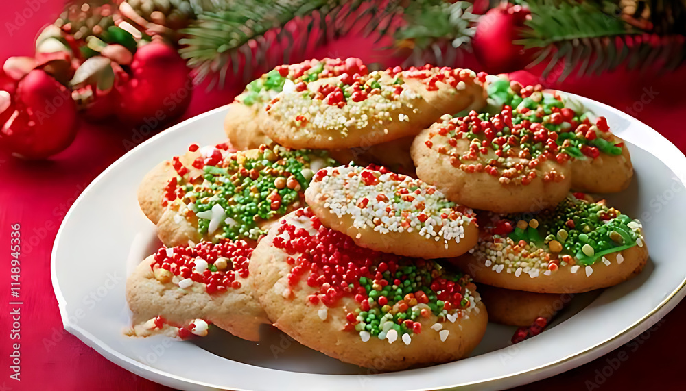 Delicious and festive Christmas cookies on a white plate with red and green sprinkles Delicious and festive Christmas cookies on a white plate with red and green sprinkles