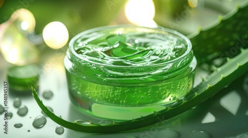 Aloe vera gel in a transparent jar with fresh aloe leaves and glowing lights, emphasizing hydration and rejuvenating natural skincare. photo