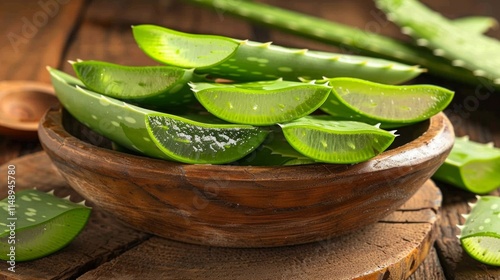 resh aloe vera leaves in a rustic wooden bowl for natural skincare and healing remedies. photo