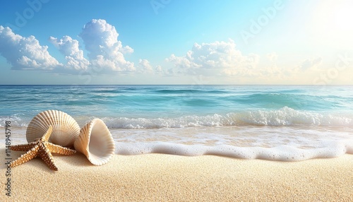 Seashells Starfish and Ocean Waves on Sandy Beach