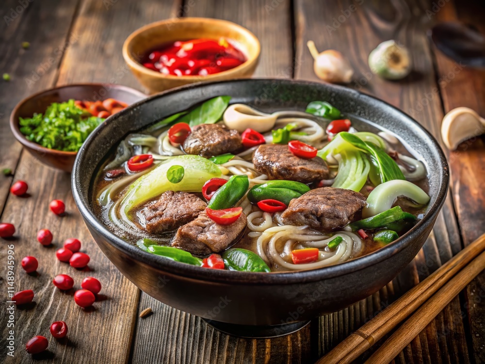 Delicious Pho Bo Vietnamese Beef Noodle Soup with Pak Choi, Mushrooms, Peanuts, Soy Sauce & Chili in Grey Bowl Delicious Pho Bo Vietnamese Beef Noodle Soup with Pak Choi, Mushrooms, Peanuts, Soy Sauce & Chili in Grey Bowl