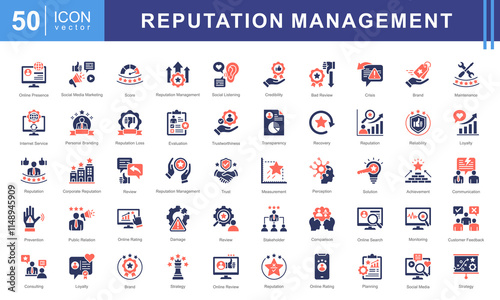Reputation management icon collection set. Containing reputation, brand, trust, perception, online presence, public image, credibility icon. Simple vectors illustration.