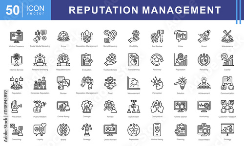 Reputation management icon collection set. Containing reputation, brand, trust, perception, online presence, public image, credibility icon. Simple vectors illustration.