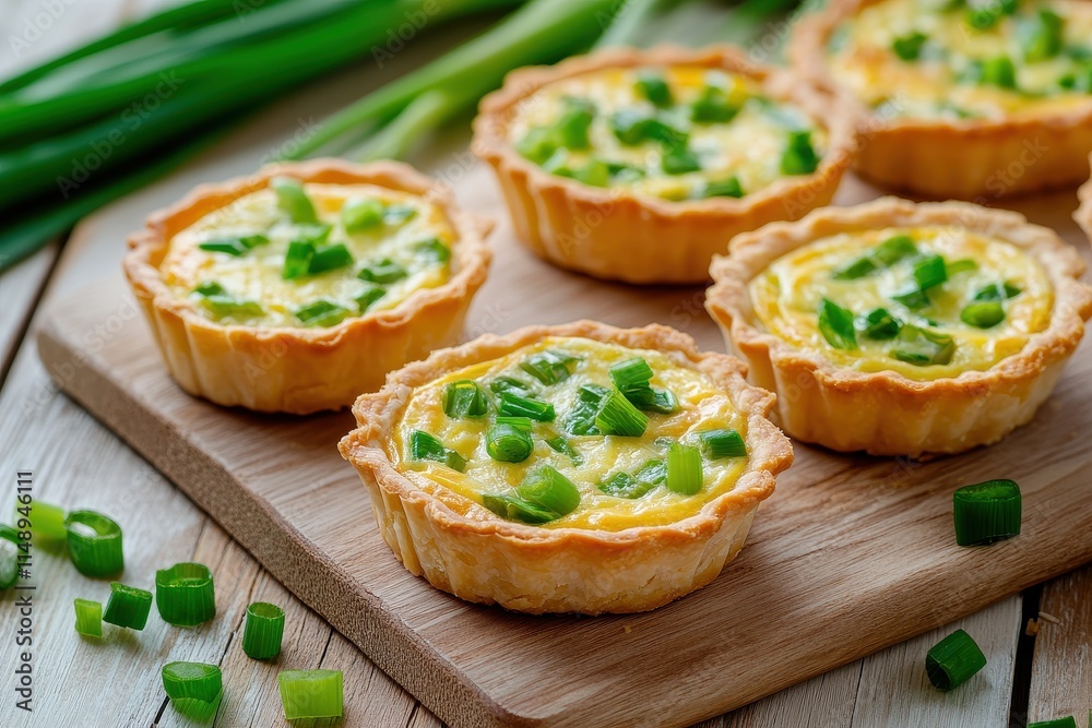 Small quiche featuring cheese and green onions set against a pale wooden backdrop Small quiche featuring cheese and green onions set against a pale wooden backdrop