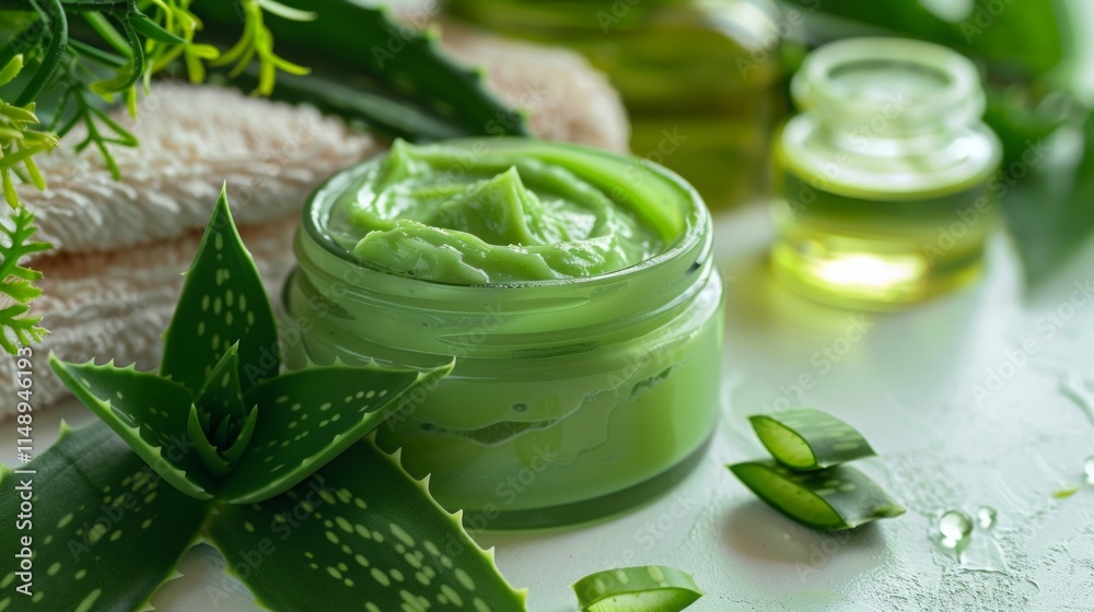 Aloe vera cream in a jar with fresh aloe leaves and natural oils on a white surface, promoting organic skincare and hydration. Aloe vera cream in a jar with fresh aloe leaves and natural oils on a white surface, promoting organic skincare and hydration.