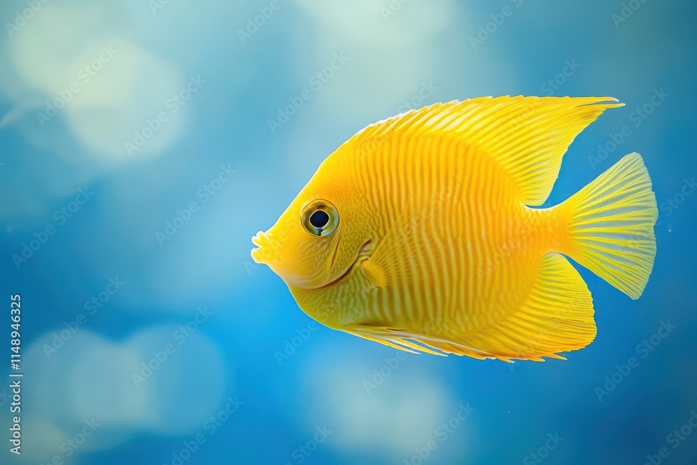 Naklejka premium Small yellow tang fish Zebrasoma flavescens in a blue aquarium showcases the elegance of marine life also called lemon sailfin