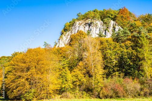 Limestone rocks in autumn fall landscape of Ojcow National Park, Poland